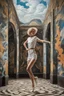 Placeholder: A photo of a very skinny woman with a pale skin and a short curly blond haircut is dancing and jumping in a ruin full of murals made by Magritte and big Mirrors in the ruin with the optical illusion of a pipe dream room train