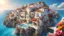 Placeholder: Breathtaking Greek island landscape, crystal azure waters, sunny sky, balkonies with colorful flowers, highly detailed, hyper elaborated, cinematic, 16k,