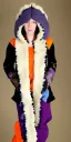 Placeholder: Caucasian white woman black hair. average body type. Mantle is sewed of recycled Denim and sewed together of camouflage pieces. Patterns are composed of orange, cream, blue, lilac and purple. blue latex gaiters. It is with big bright purple felt tippet and cream-colored-hood. mantle is merged with tippet. Big AKG-style headphones (gold rings!) is merged with small felt cap with small visor. Style: Haute Couture, 1920's, Paris fashion, late nineties, street art.