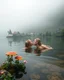 Placeholder: Portrait Romantic European blond couple swimming kissing together in lake Wonderful landscape fantasy early morning heavy fog photography art Rivendell village,lake,magical forest and houses,beautiful mushrooms,roses flowers,little waterfall,lake,close up photo beautiful romance couples on swimming together in lake