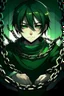 Placeholder: child boy in chains, cold and emotionless look coming from him, black hair, green eyes, Dark green background, a cut on his cheek, the bottom is full of chains, he is tied to his hands by handcuffs made by chains, anime style