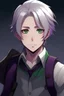 Placeholder: purple shirt, grey satchel, green eyes, white hair, anime