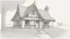 Placeholder: A front elevation fine line drawing of a fantasy wooden cottage reminiscent of the Burrow from Harry Potter