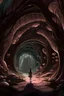 Placeholder: A surreal scene a tunnel-like structure filled with intertwined mushrooms trees , The tunnel is lined with countless writhing aliens bodies, creating a chaotic and nightmarish atmosphere. At the end of the tunnel, a solitary beautiful girl figure walks towards a distant light source, casting a glow that illuminates the scene. The overall color palette is muted with shades enhancing the ominous and unsettling mood. The level of detai