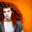 Placeholder: teen, male, with long red curly hair, head shot, model, real photo, soft lighting