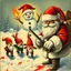 Placeholder: there is no kebabs at christmas, evil Santa, evil gnomes running around, staring flaming eyes, evil Rudolf, very big evil angry Frosty the snowman in background, kebabs and kebab, 1940 christmas postcard, blood stains, scared kerubs, Santa holding a knife