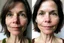 Placeholder: A selfie of a brunette woman, middle short hair, showing a 44-year-old European woman. She has white skin, tousled brown hair, face without makeup, big round dark brown eyes, cute nose, detailed full lips, skin texture. Split screen and show the same face but 15 years older