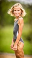 Placeholder: anorexic beautiful girl, age 21, total shot, short anthracite triathlon swimsuit, blonde wavy bob haircut, blurred background