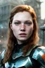 Placeholder: ultrarealistic, concept art,ruined city,__intricate fantasy armor__, no star, __angles__, 18 year old woman, strikingly beautiful,ginger hair, _colour_, (pale __skincolor__ skin:1.2), __camera__, long hair, detailed face and eyes, medium breasts, sci-fi theme, freckles, dynamic pose, resolved expression, __accessory__, strappy outfit, (straps:1.1), sword in scabbard on left hip, (buckles, buttons, snaps, rings:1.0), haltertop style breastplate, detailed eyes, plump lips