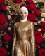 Placeholder: Luxury potrait of a beautiful super model hijab beauty makeup cosmetic,she wearing islamic a luxurious details pattern color gold and black casual jacket with designed large flower details that resemble roses.The dress has an asymmetrical design with one sleeve and a flowing skirt.background of the image shows a red carpet event with floral decorations,close-up portrait