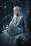 Placeholder: Elven princess,elven crown,long blonde golden hair,rapunzel hair,ice flowers,beautiful,light blue,dark blue,golden armor,sparkle,glitter,ice flowers,snow,elven ears,dark fairy princess