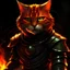 Placeholder: A realistic humanoid cat, sunset orange fur, blood red stripes, Wearing black leather armour, grinning, Glowing green eyes, shrouded in shadows, combat pose, sparks and flames surrounding