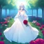 Placeholder: gorgeous anime girl wearing a yellow and white dress ,standing in a meadow of flowers, spreading rose pedals on the ground. beautiful eyes and a stunning smile, blue eyes, two blue eyes, perfect nose and rosy cheeks and red lips