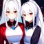 Placeholder: Clear focus, 8k, beautiful lighting, vibrant colors, girl, white hair, long hair, vibrant red eyes, ponytail, same twins, white hair, red eyes, same clothes,