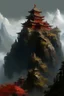Placeholder: A dark red Eastern castle on the sky high mountain painted by Zhang Lu