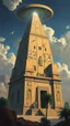 Placeholder: Bosch painting style building the Egyption paramount by giants and ufo spaceship