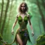 Placeholder: upper body of yohan diniz, fast walker, as a young cute feminine woman, short hair, green forest background, stream, mega flowers, tiny birds of many colors