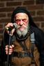 Placeholder: A old man in old boring costume, lookin very angry and bitter, he is holding a microphone and he was a member of an old punk music group before