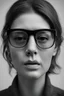 Placeholder: el rostro de una mujer con gafas totalmente oscuras y con expresión seria en blanco y negro que no se ven los ojos, que solamente se vea su rostro y cuello que no se vean sus ojos, gafas mas oscuras que su expresión sea más seria, mucho más seria casi triste que las gafas sean totalmente oscuras