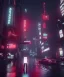 Placeholder: circular white moon, 3D, beautiful, light reflecting, empty city, midnight, rainy night, neon, cyberpunk, person walking with helmet on