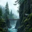 Placeholder: rany day, close a visible from the side one massive wooden bridge connects the over two gorge, between two tall rocky shores, sprawling, tall alien trees on both shores, log wooden houses in the distance in the background, rainy landscape, lush vegetation in shades of green and blue on earth, massive trees,, high detailed, fantasy, cinematic style, high photorealistic