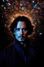 Placeholder: Johnny Depp - pitch-black background with a blue glowing overhead spotlight effect, multicolored shards of broken glass, prism effect, mosaic effect, time travel, space voyages, superheroes, moving really fast