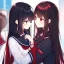 Placeholder: Clear focus,High resolution, Black long hair, Red eyes, Red horns, Wearing a sailor uniform, Another girl, with black long hair, Red eyes, Wearing a sailor uniform