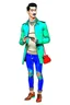 Placeholder: Modern guy, 20s, "holding ipad in left hand", looks like a "renaissance painting look", walking forward, full body, "persian green jacket", blue pants, "right hand pointing to the ground". "Front facing" "forward view" white background