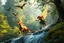 Placeholder: volumetric light, oil painting ,evening and motion blur running caped long haired pixie Quickling - Forgotten Realms dodging flying bats above water fall and along winding branches in lush green forest along speeding horses , bokeh like f/0.8, tilt-shift lens 8k, high detail, smooth render, down-light, unreal engine, prize winning