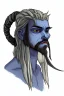 Placeholder: A tieffelin with blue skin and white Dreadlock hair. His pupil-less eyes are green. He wears a small beard. His horns are black and curved backwards. He wears a beige tunic.