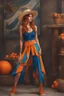 Placeholder: Full body of beautiful girl nami, Hair Color: Orange, Style: Wavy, Outfit Top: Blue, Outfit Bottom: Orange, Shoes: Brown, Accessories: Tangerine, Weapon: Clima-Tact, Hat: Straw, Tattoo: Pinwheel, Earrings: Hoops, sophisticated,, beautiful woman, hyper realistic, hyperrealism, photoreal, realistic, photorealistic, soft pastels, full-body, standing, long shot, wide angle, aesthetic