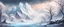 Placeholder: Fantasy Concept Art: majestic fantasy landscape, cartoonish art style, very foggy mountainrange, ONLY ONE BIG MOUNTAIN Very icy and snowy with a white deciduous tree with white leaves
