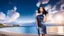 Placeholder: very nice real face beautiful sexy roman with make up at the beach standing pose in a short lace dark blue and silver dress, full body, 3D coudy sky volumetric nice clouds 8k sharp focus