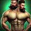 Placeholder: muscular shirtless man with big beard and big mustache and green eyes