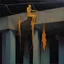 Placeholder: Minimal abstract oil painting of a falling person limbs sinew. Amongst concrete fragments brutalist architecture and hanging wires illuminated at night. Bright triadic colour In the style of Justin Mortimer and Phil Hale and Ashley Wood