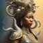 Placeholder: Sango fantasy, fantasy magic, intricate, sharp focus, illustration, highly detailed, digital painting, concept art, matte, art germ and Paul Lewin and Kehinde Wiley, masterpiece silver elephant head bronze Buddha Asian African girl nice breast Hawaiian hair turquoise golden waves