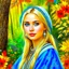 Placeholder: Blue eyed blonde women in traditional dress, nature background, water color, 24k, high resolution, highly detailed, cozy, forest with leafs, flowers, smooth, folk, painting