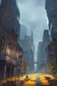 Placeholder: , high-rise buildings on the background, roofs of buildings in the clouds, rain, cloudy, dull colors, loneliness, hyperbalized buildings, puddles, autumn, trees with yellow leaves, foliage on the asphalt, buildings in the thickets, vines on buildings