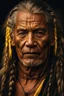 Placeholder: portrait of a 60 year old man, His hair was long, and yellow like the sun. Two braids hung down neatly in front of his ears. His face was rugged, and he carried a scar.