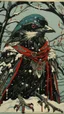 Placeholder: A contemporary serigraphy portrait by Kuniyoshi of a crow adorned in a punk leather jacket within a snowy Christmas atmosphere.