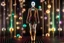 Placeholder: beautiful full body with long boots lady in surreal stage made of fractal random size spheres with helical strip colors in clothing similar to environment full body posing to camera,animating background metallic random color cubes