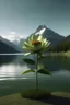 Placeholder: rendering of a flower growing in front of a lake with mountains behind it