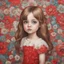 Placeholder: Little girl in red, long hair, in the style of Margaret Keane, huge eyes, flowered wallpaper