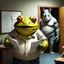 Placeholder: close up photo of a fat yellow-green color angry anthropomorphic frog in simple human cloths and take between his hands many paper in office, on the wall hang an wall board with some written sheets of paper, behind in background standing an anthropomorphic strong gray rhinoceros in blue jeans t-shirt behind in halb open door , dark colors, detailed 3d, sci-fi, fantasy mood