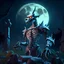 Placeholder: robot dragon man bones dwon moon in graveyard 8k