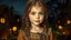 Placeholder: little young hobbit girl, beautiful, confident, calm, wise, happy, innocent, facing camera, head and shoulders, hobbit clothing, perfect eyes, Tolkien landcape, hobbit homes with circular windows and doors, night scene, stars, fireflies, 16k artistic photography, exquisite composition, photorealistic concept art, soft natural volumetric light, chiaroscuro, award-winning photograph, masterpiece, style William-Adolphe Bouguereau