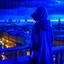 Placeholder: girl in a raincoat, watching the empty city, at midnight, dark blue colours, rainy, atmospheric, photo quality