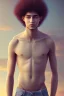 Placeholder: a single 50 year old man embraces a single, beautiful, smiling, shirtless 12 year old arabic boy with long, curly hair and light blue eyes