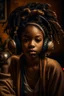 Placeholder: earthy black young woman listening to music with headphones, soul, peace, majestic, earthy colours, at peace, happy, incense, jewels, bands, natural, old school headphones, sensual eyes