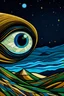 Placeholder: Plano detalle del ojo de una vaca saltando en la llanura pampeana bajo un cielo estrellado y una luna brillante al estilo Juan Gris